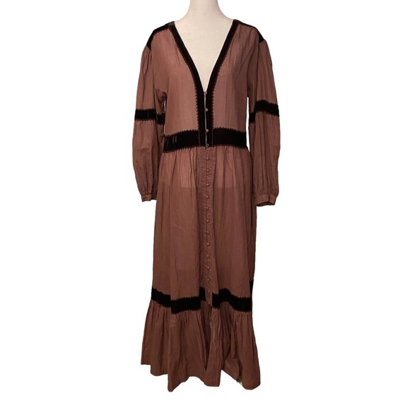 Chasing Unicorns Dresses & Skirts - Chasing Unicorns Mauve Brown Cotton Voile Embroider 1970s Maxi Dress Large